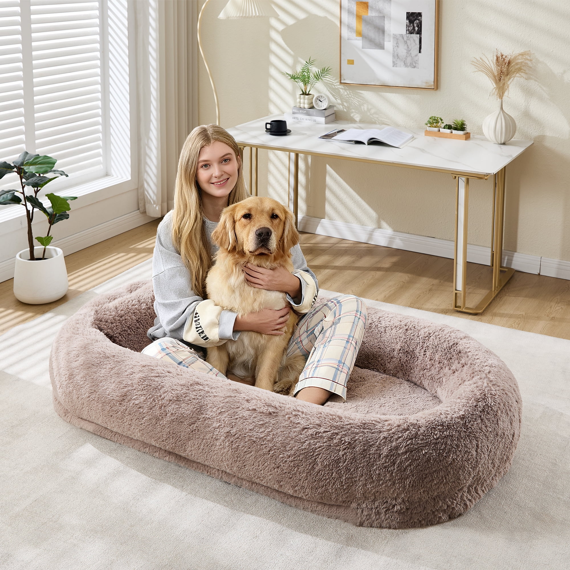 Orthopedic Soft Faux Fur Human Dog Bed for Adults and Pets, Large 67"x43"x8" Lounger Bed with Plump Pillow, Side Pocket and Fix Strap, Washable Design No Assembly Required, Cozy Bed for Bedroom
