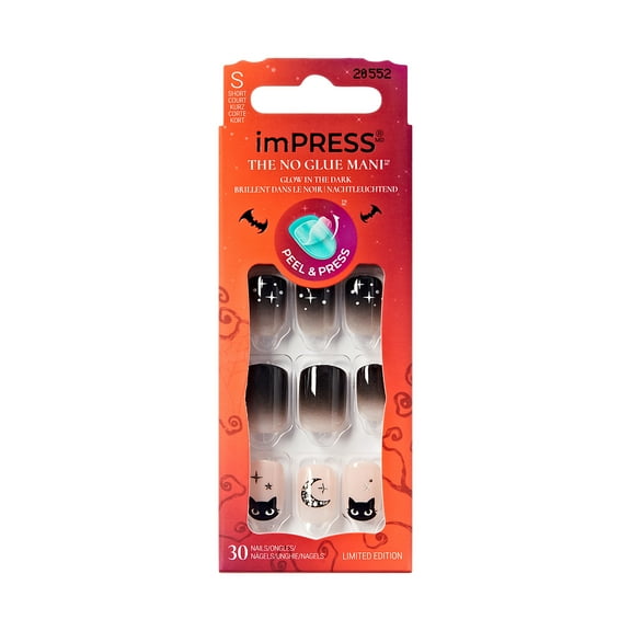 KISS imPRESS Halloween Press On Nails, ‘First Bite’, Black, Short Squoval, 30 Count