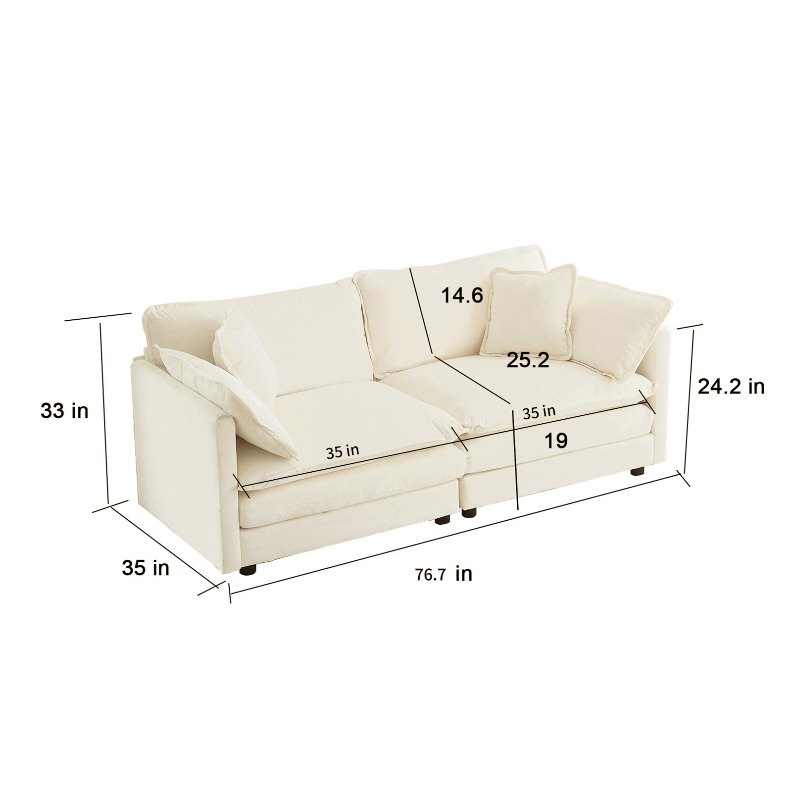 76.7” Loveseat Sofa, 2 Seater Modular Couch, Beige White Chenille Large Sectional for Living Room, Deep Seat, Love Seat Couches, Sofá de dos plazas