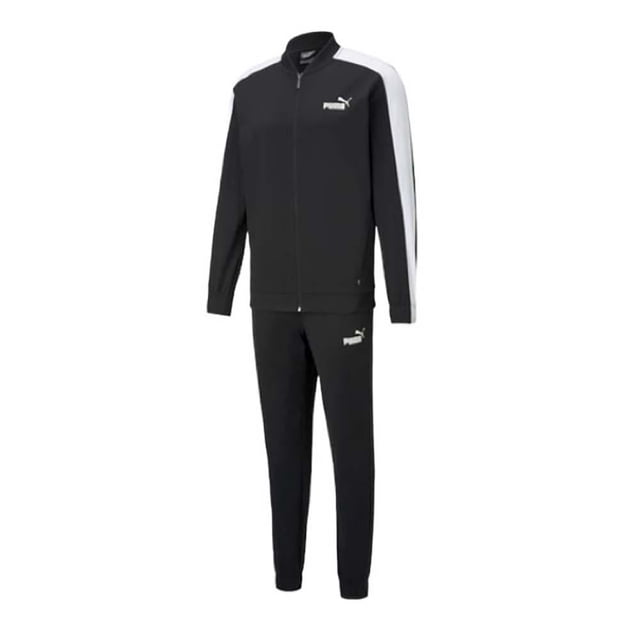 Conjunto Puma Basic Talla EG Running Chamarra y Pantalón Negro para hombre, conjunto deportivo en negro con franjas blancas en las mangas, fabricado en poliéster y algodón con tecnología dryCELL que ayuda a mantener la piel seca, adecuado para entrenamiento y uso casual.