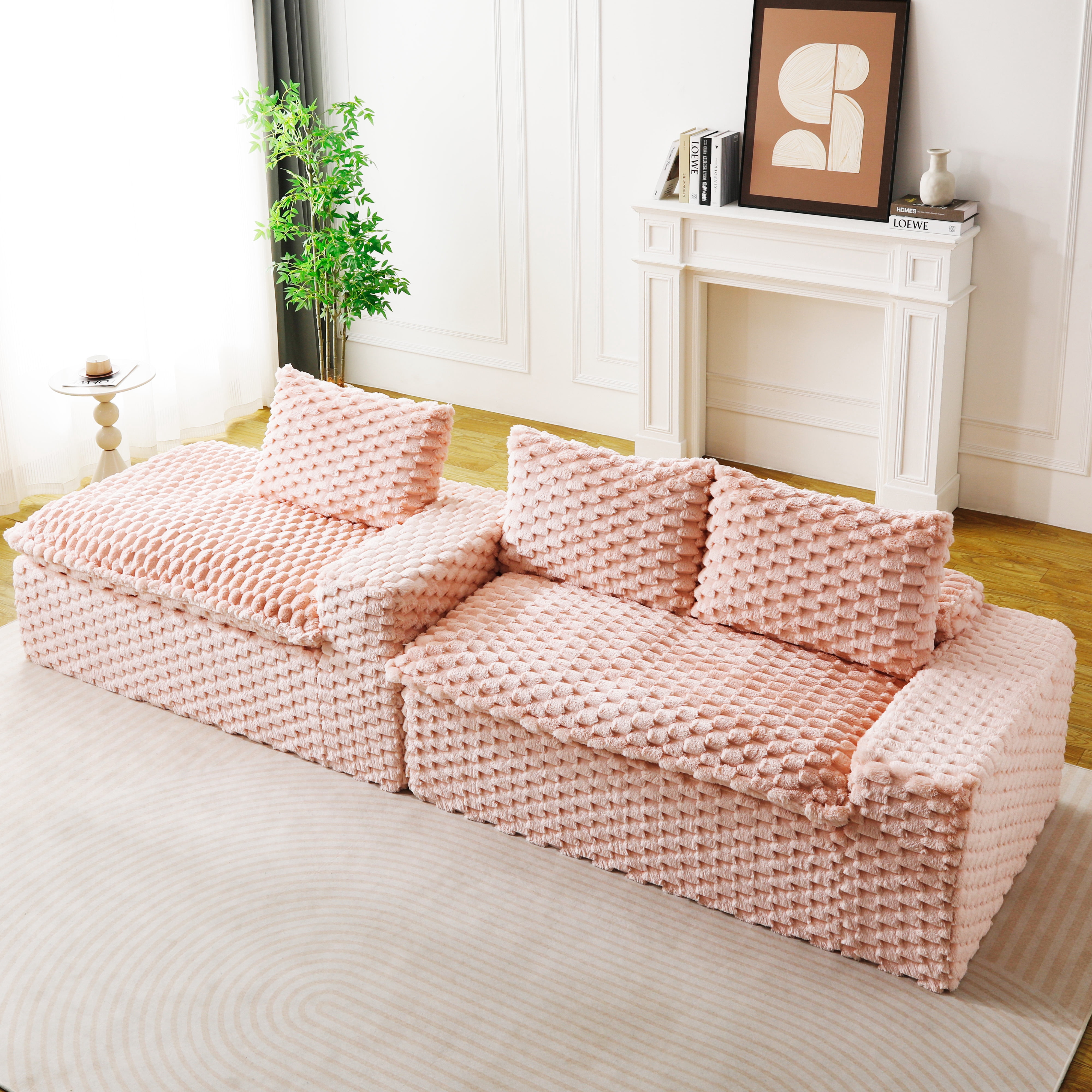 HOQBN 96"W Modular Sectional Sofa,L Shape Modern Corduroy Cloud Couch,Upholstered Deep Seat Boneless Sofa Couch with Left Chaise Lounge for Living Rooms,No Assembly Required,Pink