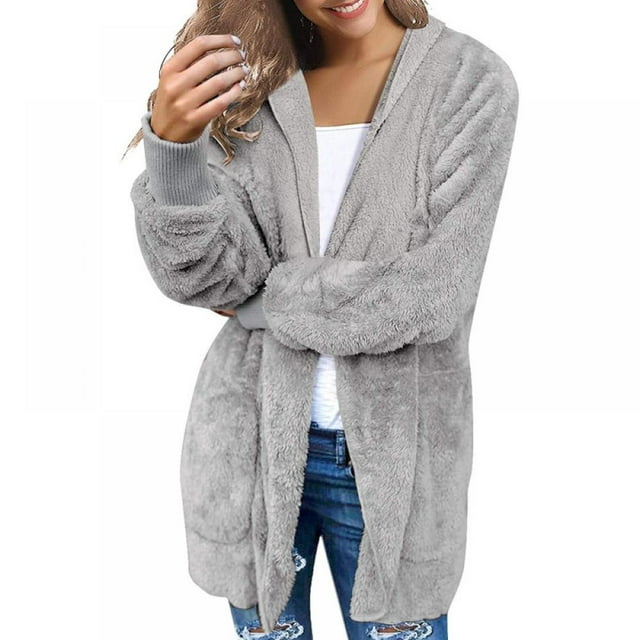 Causal Soft Hooded Pocket Jacket, Fleece Plush Warm Faux Fur Fluffy Female Autumn Jacket Coat