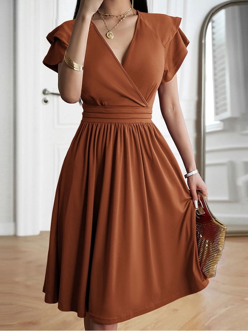 brown dress 2025 Summer Midi Spring V Neck Cocktail Wedding Guest A Line Fit and Flared Dresses Light L Delphina | Brown Satin Fabric Comp:100% POLYESTER Size:1X (14-16)