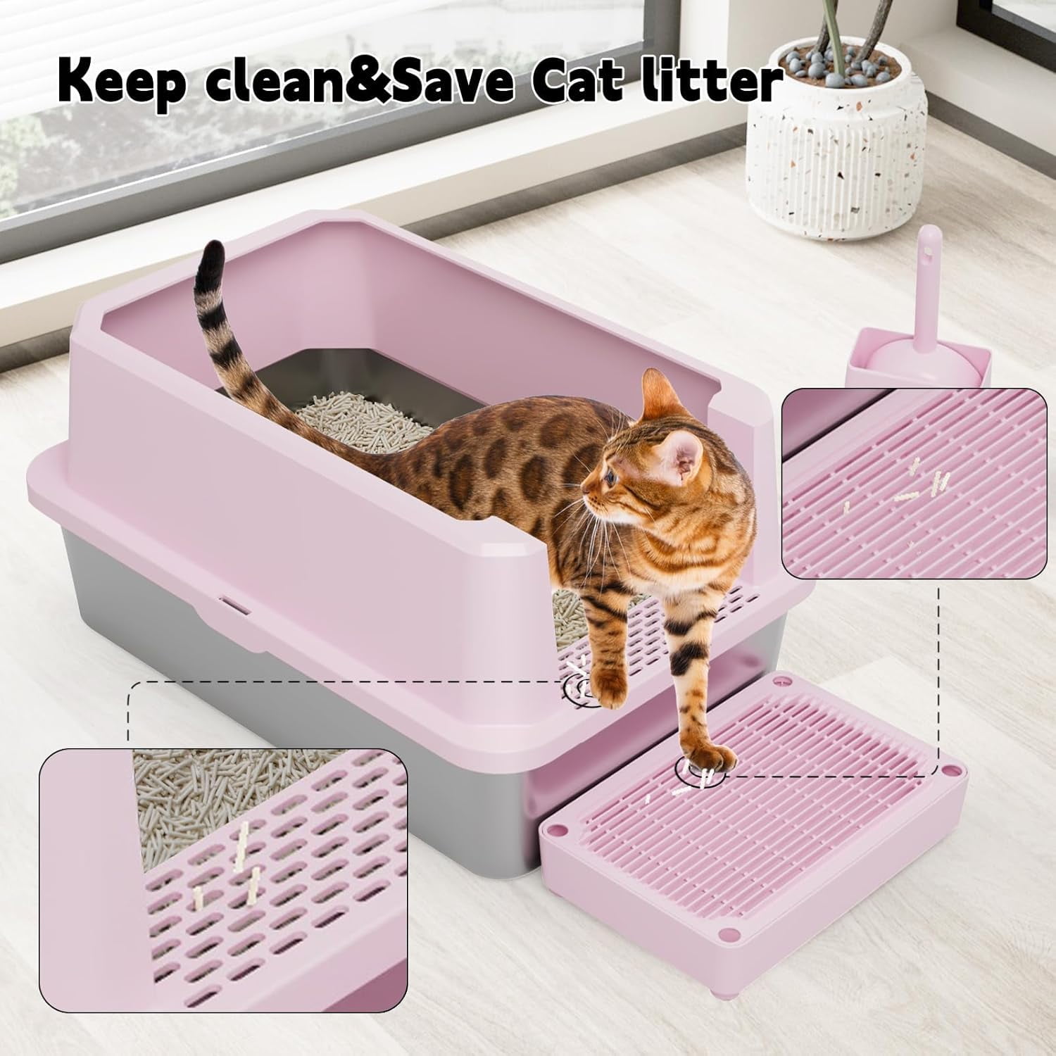 Large Cat Litter Box: Pink Semi-Closed Stainless Steel Litter Box with High Edges - Odorless Litter Pan Anti Leakage for Small to Large Cats for Bedroom Living Room
