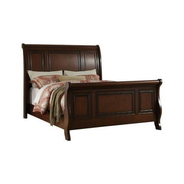 Benzara Classic Sleigh Bed Collection Adult Queen Traditional Pine Wood with Bed Frame, Cherry