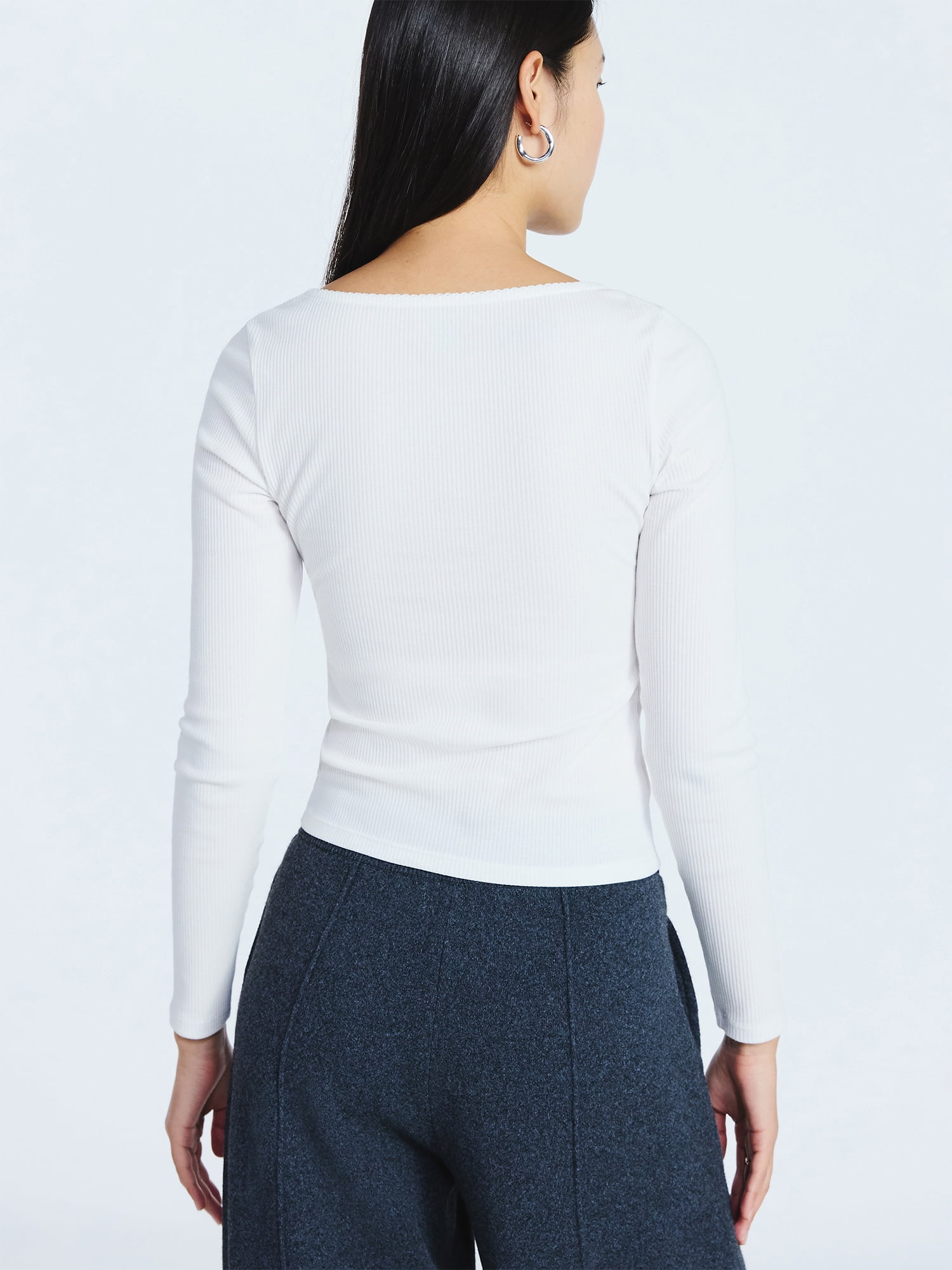 Scoop Women’s Lace Trim Scoop Neck Ribbed Tee with Long Sleeves, Sizes XS-XXL