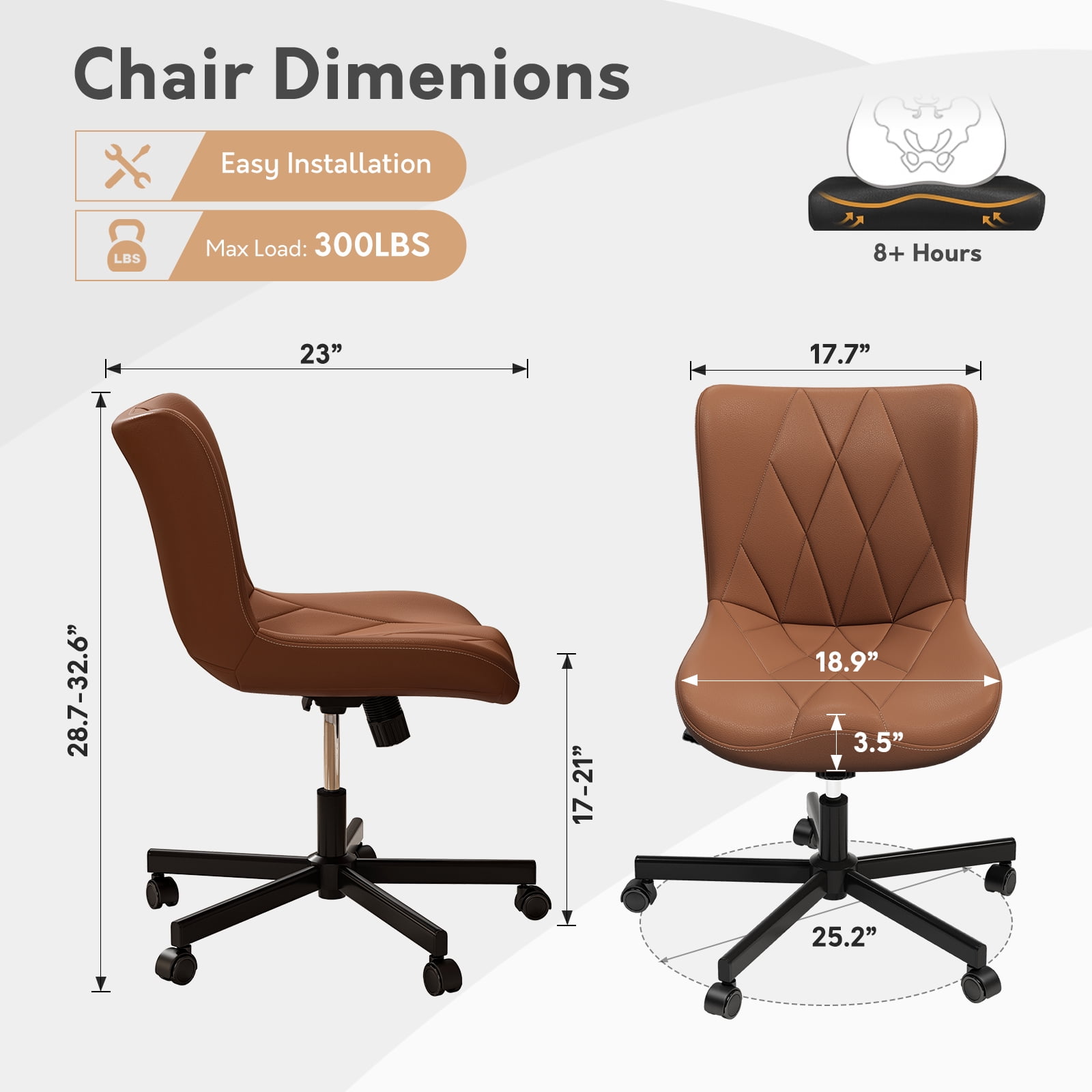 Ninecer Adjustable Armless Office Chair, Leather Desk Chair with Wheels, Office Chair for Home Office, Computer Rolling Chair for Adults, Comfy Task Chair, Brown