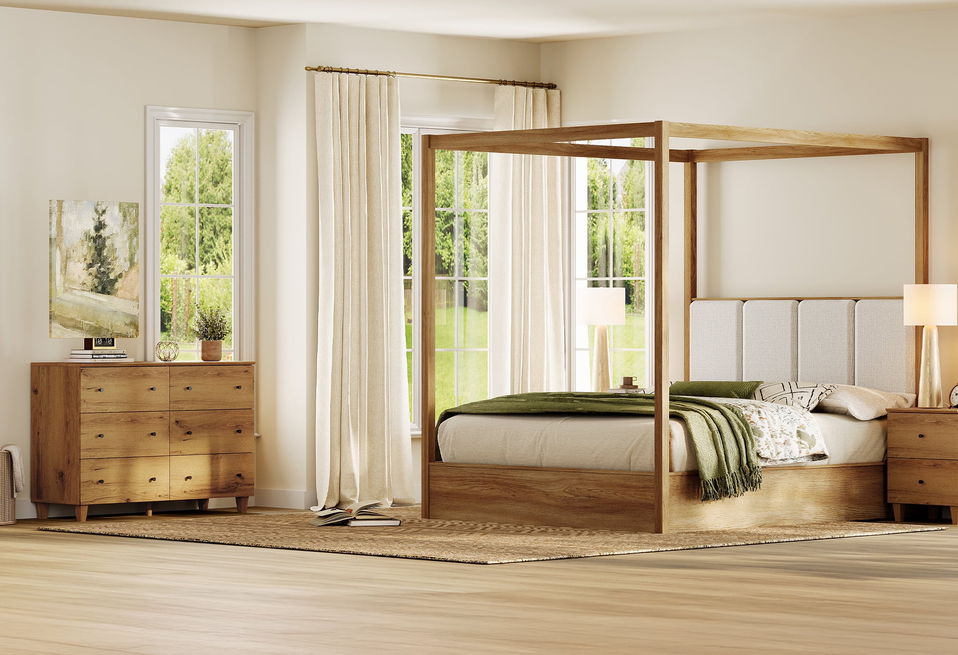 WAMPAT Modern Queen Size Canopy Bed Frame and Large Dresser Set, 4 Poster Bed with Headboard, Wooden Bedside Table with 6 Drawers for Bedroom