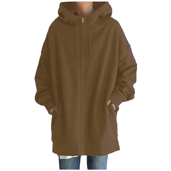 Lixiuxyad Women Winter Warm Long Zipper Hooded Jackets Sweatshirt Loose Pocket Drawstring Hoodie Coat Bronze