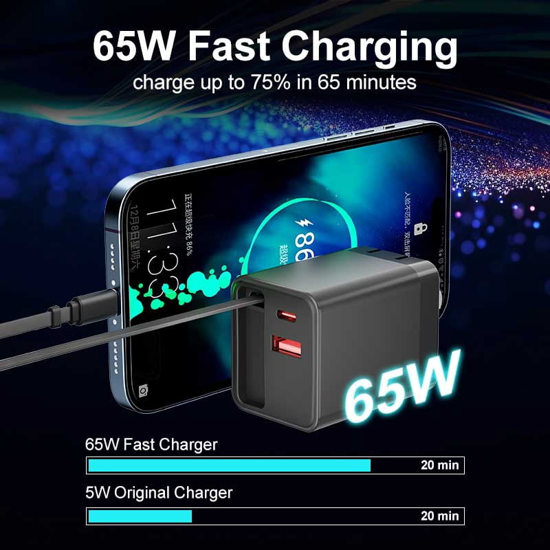 65W PD Home Charger Compatible With Motorola Moto G Power 5G (2020,2021,2022,2023,2024,2025,2026) - Fast Type-C 2ft Retractable Cable USB-C Built-in