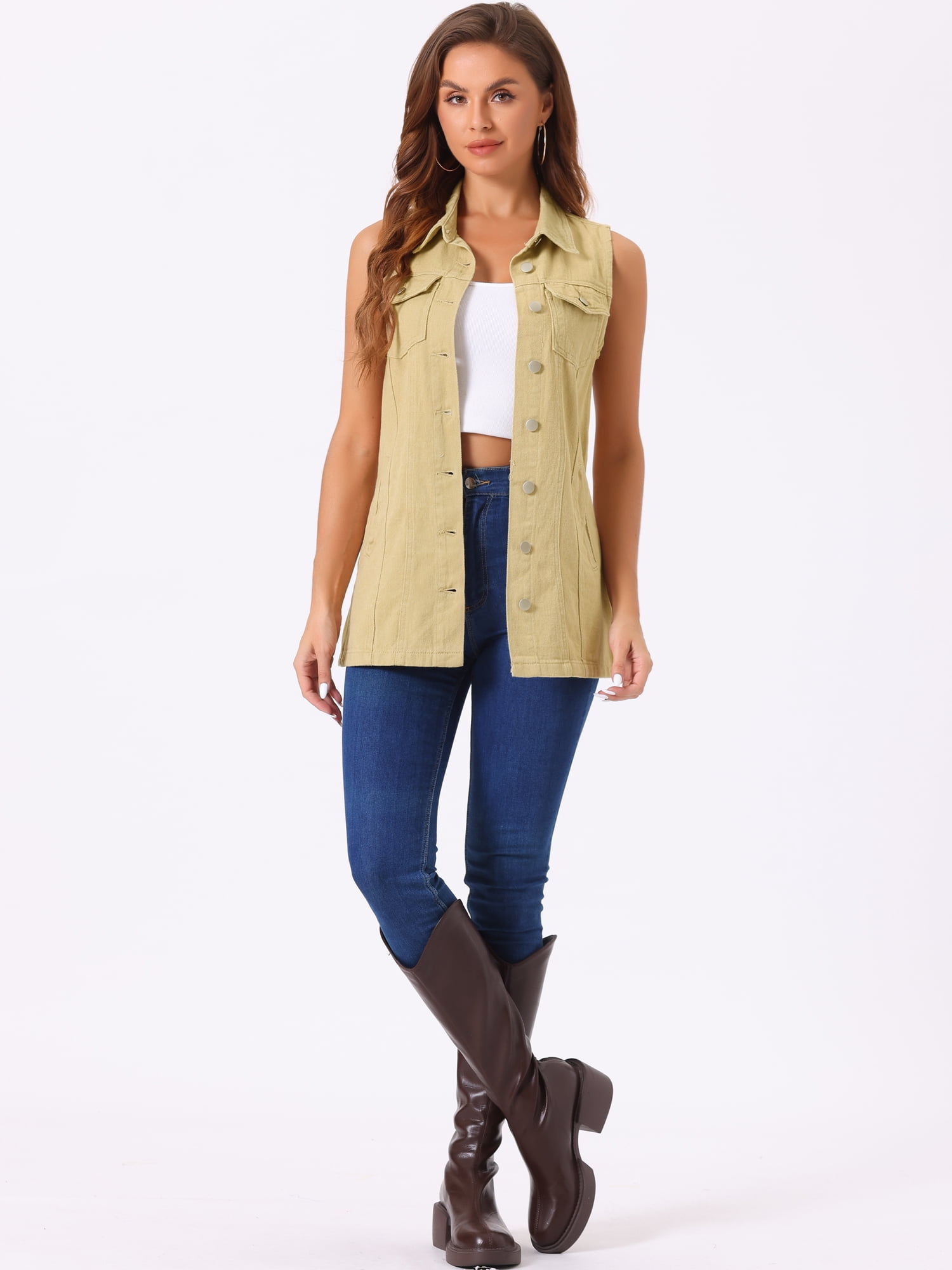 DARING DIVA Women's Button Down Sleeveless Pockets Mid-Long Denim Vest M Khaki