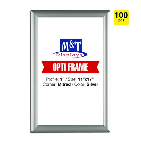 M&T Displays 11x17 Snap Frames 1" Profile Opti Frame Safe Corners Wall Mounted Frames - Silver / 100pcs