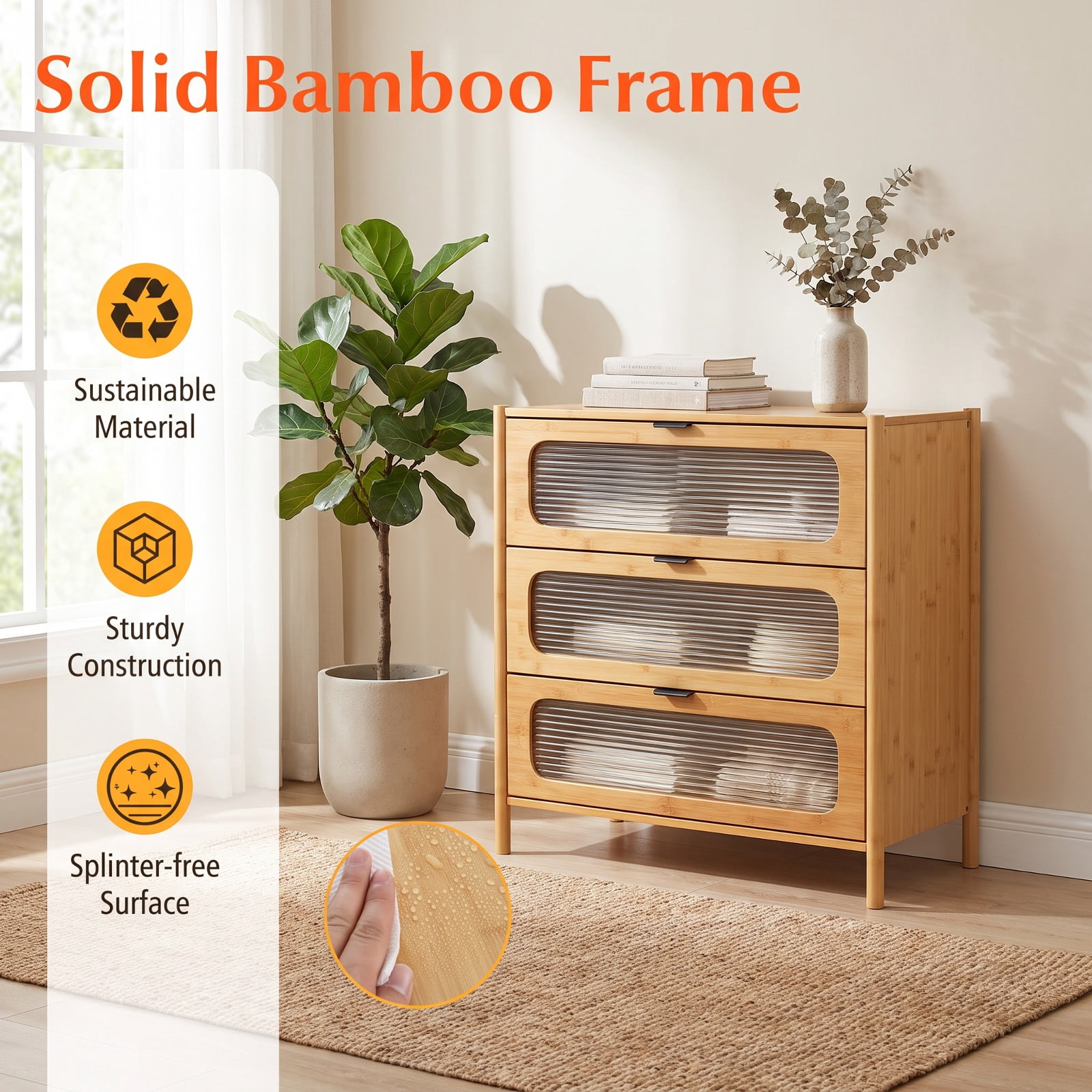 Furnibear 3 Drawer Mid Century Modern Chest of Drawers with Reeded Tempered Glass Front and Bamboo Frame for Bedroom Living Room, Natural