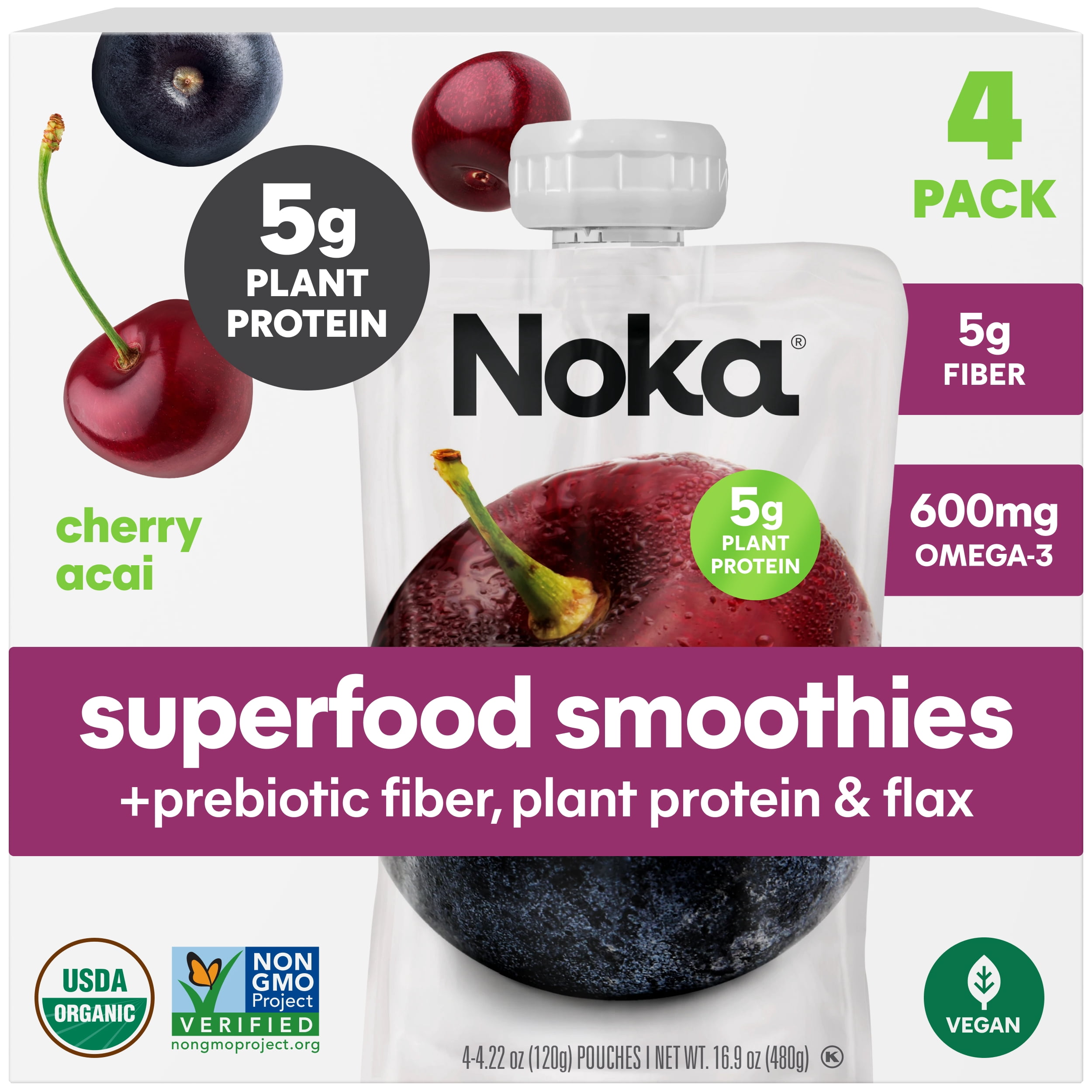 (3 pack) Noka Organic Superfood Smoothie Pouches, Plant Protein, Cherry Acai, 4.22oz, 4 Pack