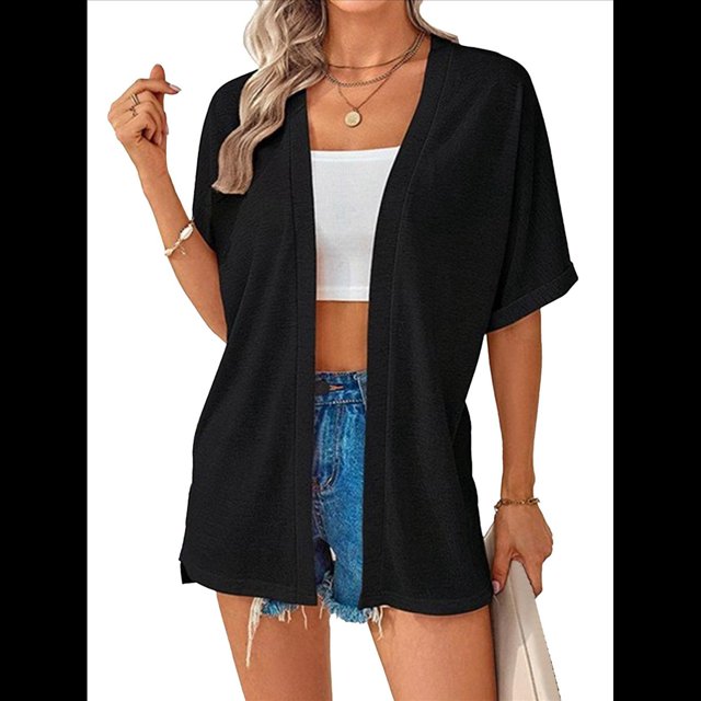 Cárdigan de Corta para Mujer, Cárdigan de Verano, Informal, Holgado, para Playa, con Dobladillo Curvo. Negro L