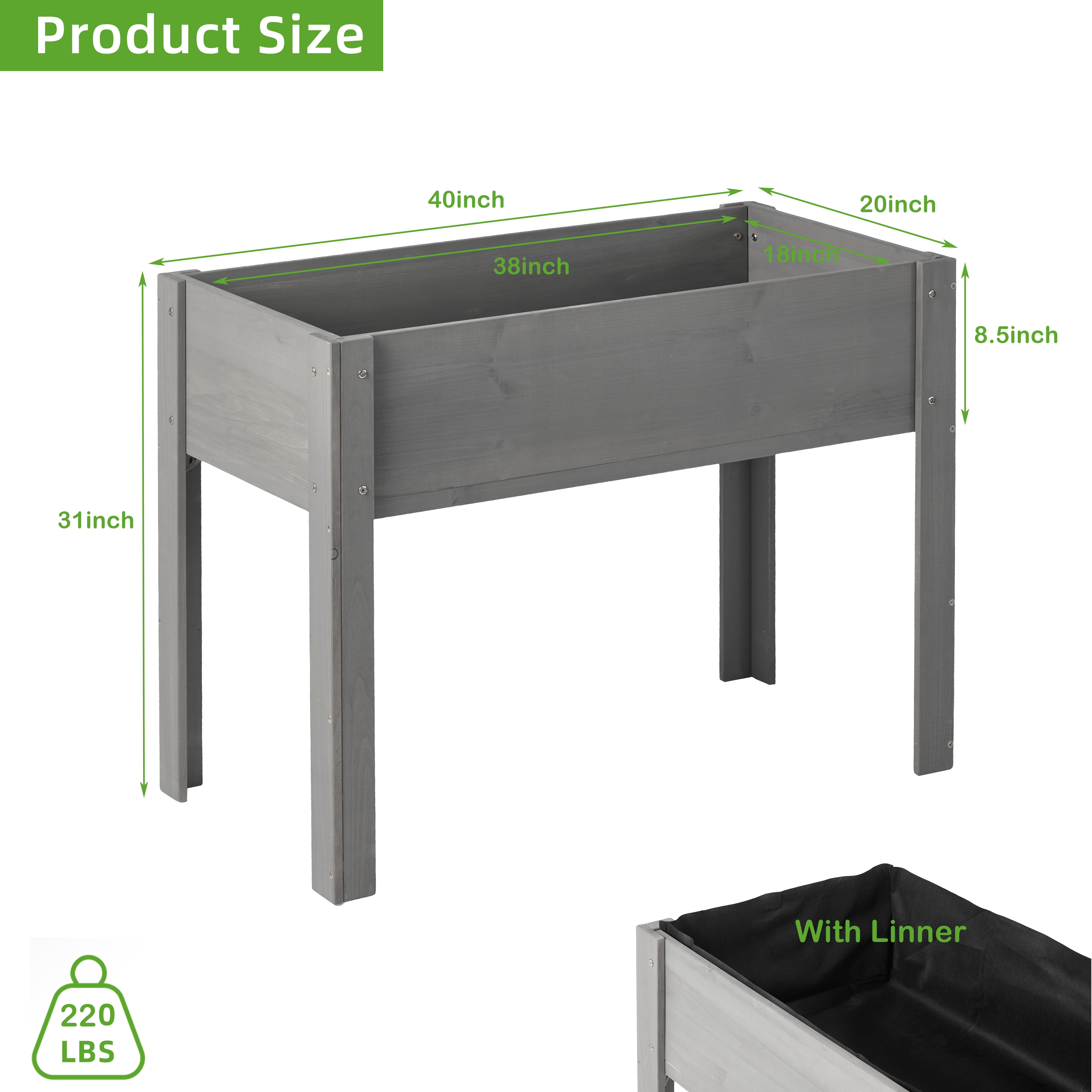 Seizeen Raised Garden Bed Clearance, 40x20x31in Elevated Planter Box with Legs, Linner, Wooden Raised Bed for Outdoor Gardening, Gray