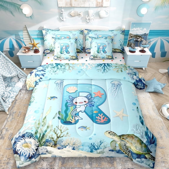 Erosebridal Watercolor Ocean Coral 7-Piece Twin Bedding Sets For Boys,Cute Axolotl Letter R Monogrammed Kids Bedding Comforter Set,Reversible