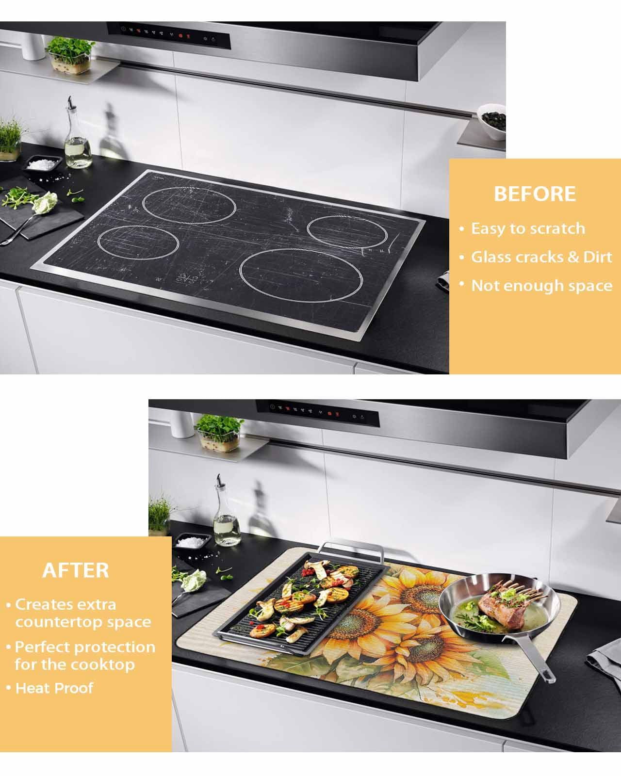 nqOlkjepod Large Induction Cooktop Protector Mat 24"x21", Sunflower Stove Top Covers for Electric Stove, Blooming Spring Floral Summer Leaf Decorative Stove Burner Cover Mats, Glass Top Stove Cover