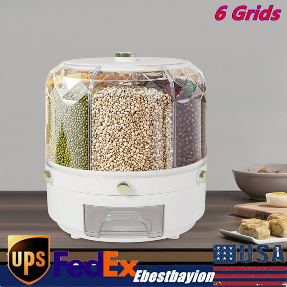 6-Grid Rotating Rice Dispenser Dry Grain Food Storage Container Tank for Kitchen