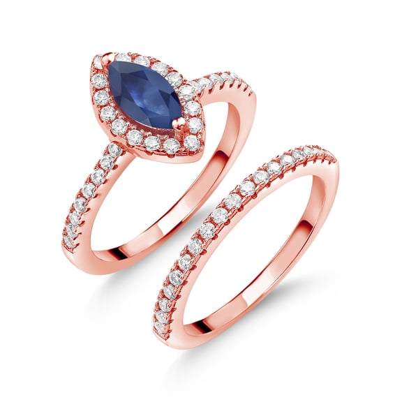 Gem Stone King 18K Rose Gold Plated Silver Ring Marquise Blue Sapphire and Moissanite (1.15 Cttw, Size 9)