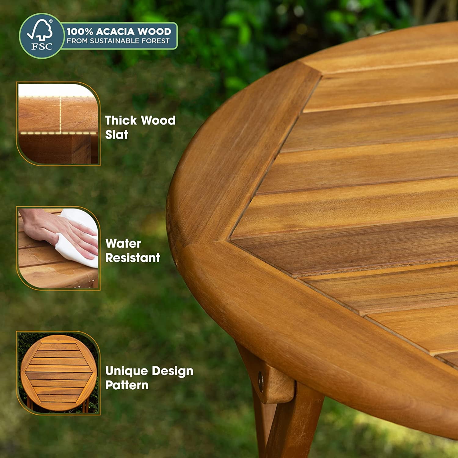 Patio Bistro Folding Sets, 1 Square Table with 2 Cushion Chairs, FSC Acacia Wood, Morning Sand