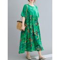 thumbnail image 4 of Vestido vintage de lino de algodón, empalme con estampado, cuello redondo, bolsillo de manga corta Eccomum Cuello en O verde, 4 of 7