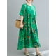 thumbnail image 4 of Vestido vintage de lino de algodón, empalme con estampado, cuello redondo, bolsillo de manga corta MABOTO Cuello en O verde, 4 of 7