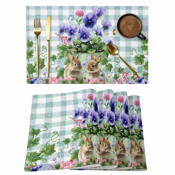 Spring Easter Placemats Set of 12, Purple Floral Summer Botanical Teal Plaid Placemats for Dining Table, Place Mats for Kitchen Tabletop, Waterproof Wipeable Dining Table Mats Set