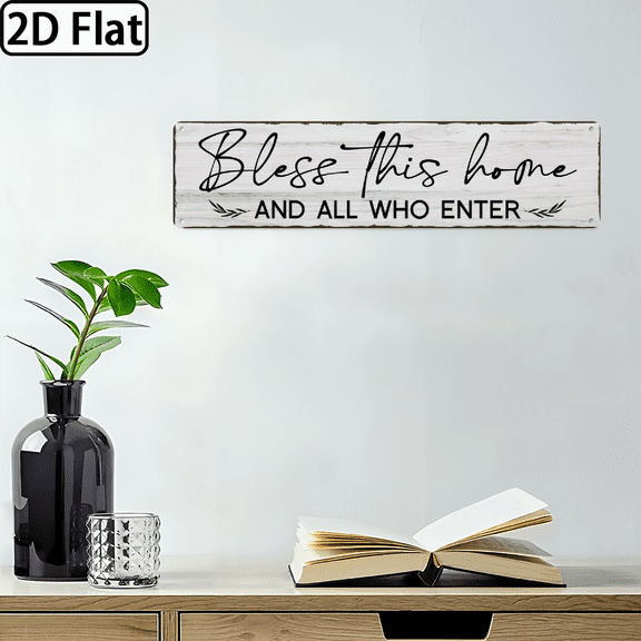 2D Flat, Decorative Sign, Plaque Bless This Home And All Who Enter Signs, Retro Metal Tin Sign, Farmhouse Family Wall Decor, For Home Decor Inspirational Quotes for Hallway. 16*4in