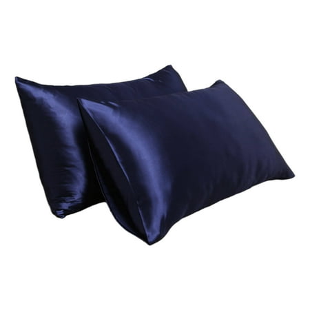AUQ Pillow Covers for Bed Premium Mulberry Silk Pillowcase Active Dyeing Twill Weave Satin Silk Pillow Covers European Style for Hair&Skin Navy Blue