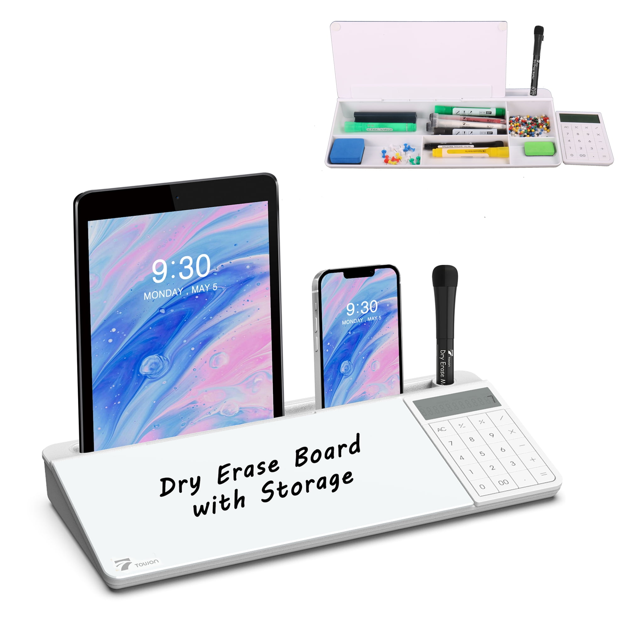 TOWON Glass Dry Erase White Board with Desk Organizer, Calculator, 1