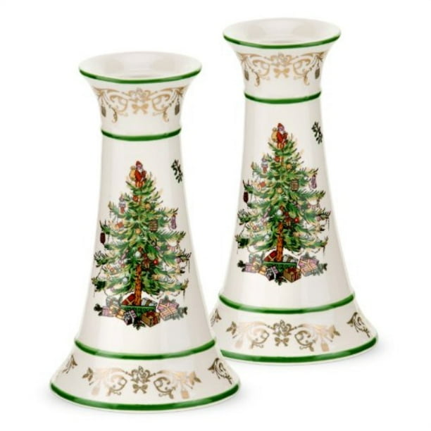 spode christmas tree gold candlesticks, set of 2