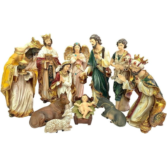 Ensemble de Nativité 14 Pouces Jésus, Marie, Joseph, Berger, Ange Gardien, Trois Rois & Anima