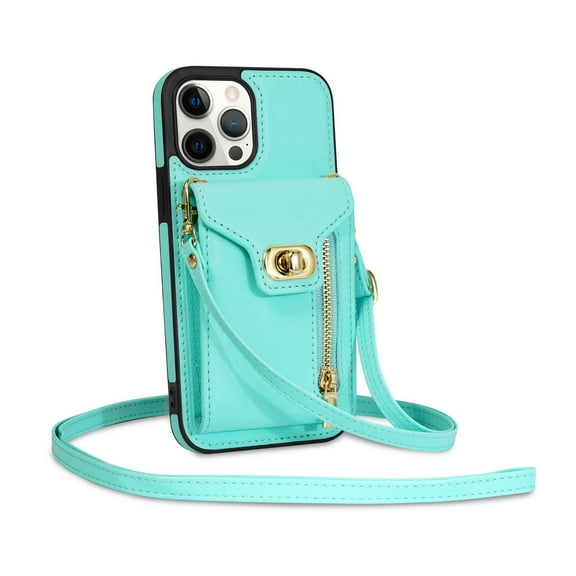 Lanyard Case for iPhone 15/15 Plus/15 Pro/15 Pro Max, Leather Zipper Wallet Protective Case, Flip Phone Cover