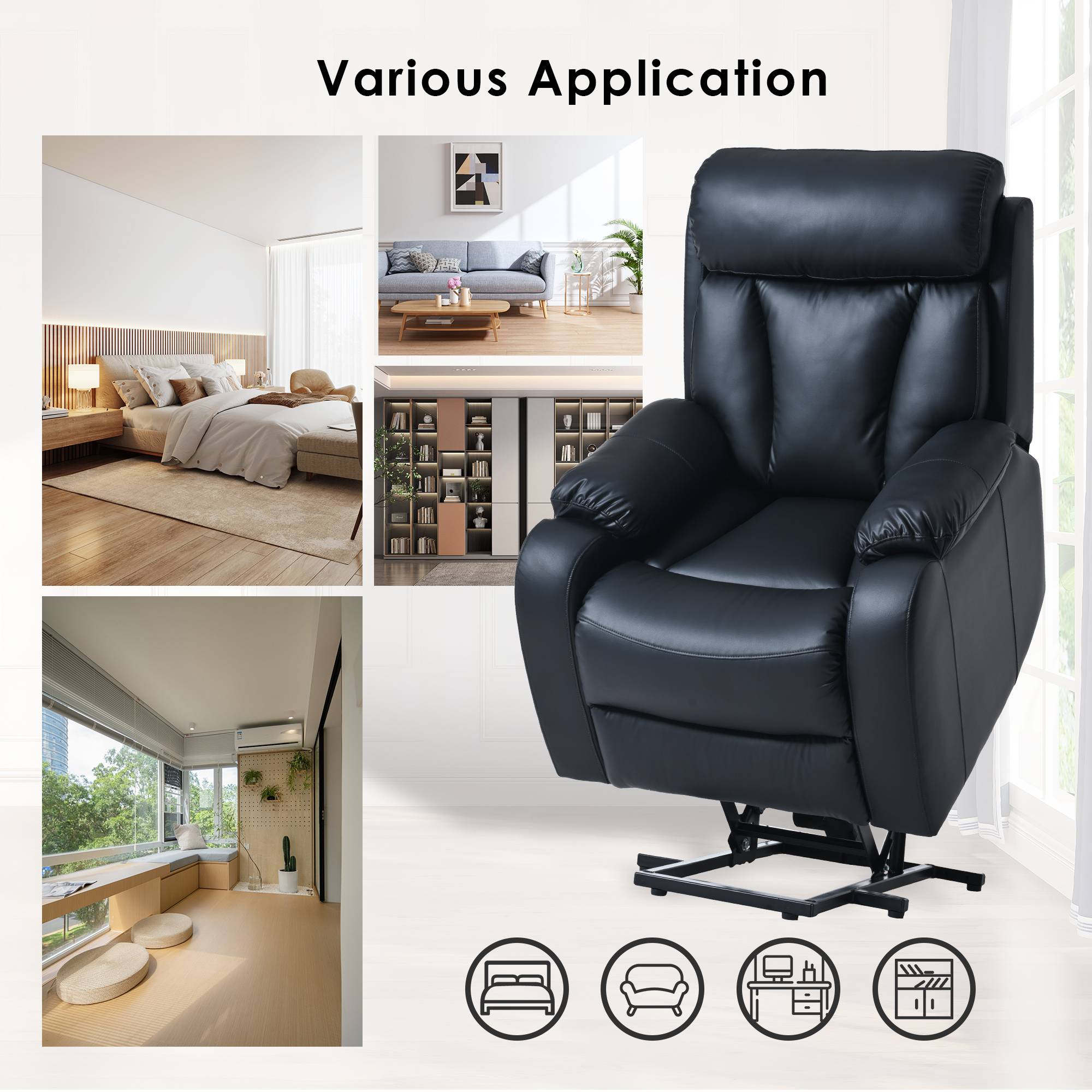 Electric Power Lift Recliner Chair for Elderly, PU Recliner Lounge Single Sofa&nbsp;Chair for Living Room, Black