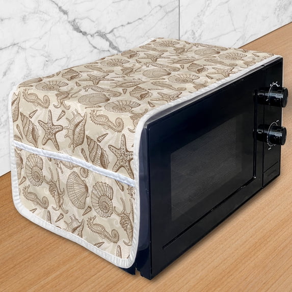 Sea Shells Microwave Oven Cover, Vintage Inspired Monochrome Seashell Pattern Ocean Elements Wildlife Hand Drawn, Water Resistant Organizer with Pockets for Kitchen, 36" x 12", Tan Brown, by Ambesonne