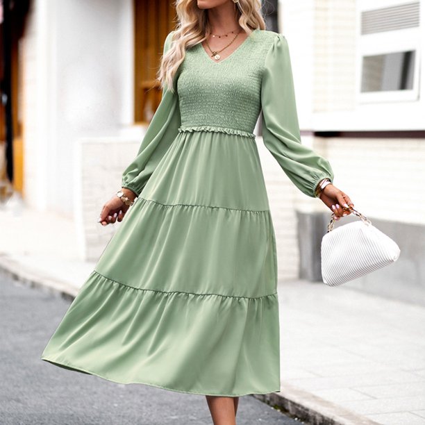 Vestido De Manga Farol Vestido elegante con pliegues en línea A para mujer, vestido de cintura alta, elegante vestido de viaje Cgtredaw L Verde para Mujer