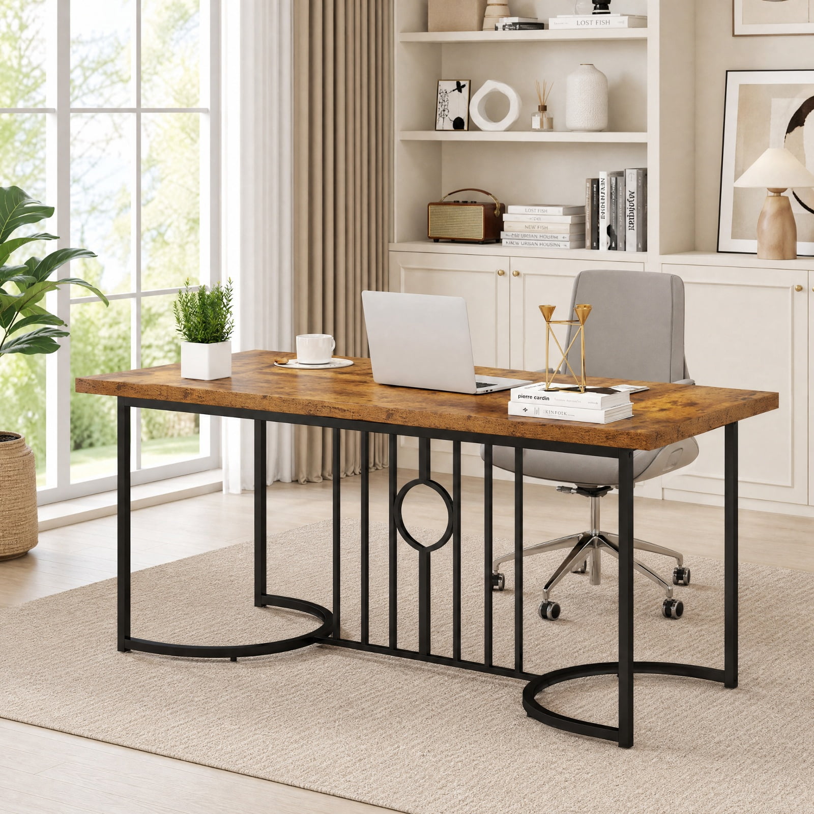 Furnibear 71 Inch Large Rectangular Dining Table for 6 to 8 People with Heavy Duty Metal Frame for Kitchen and Restaurant, Rustic Brown