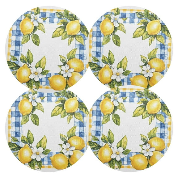Ryvnso Lemon and Checkered Grid Pattern Round Plate Mats Dining Table Placemat Set of 4 for Holiday Decoration
