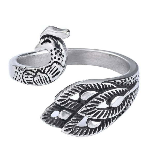 PAMTIER Unisex Stainless Steel Vintage Personality Unique Mysterious Phoenix Totem Animal Peacock Special Feather Open Biker Ring Silver Size 7