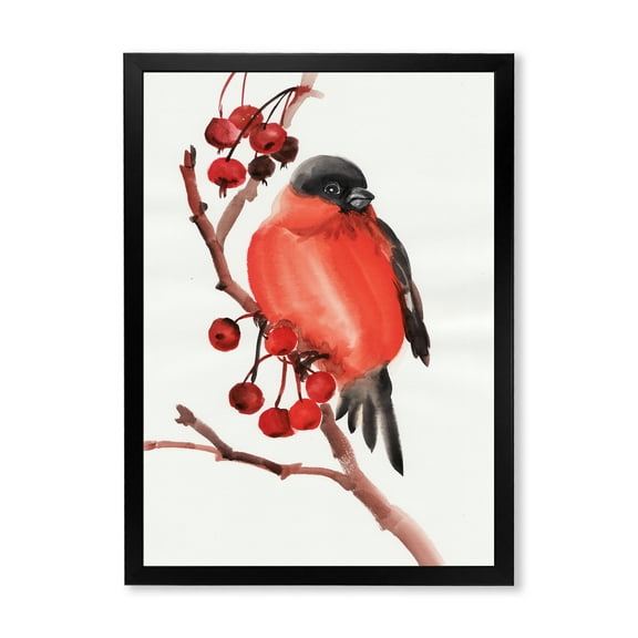 Designart 'Red Bullfinch Bird Sitting On A Branch With Berries' Traditional Framed Art Print
