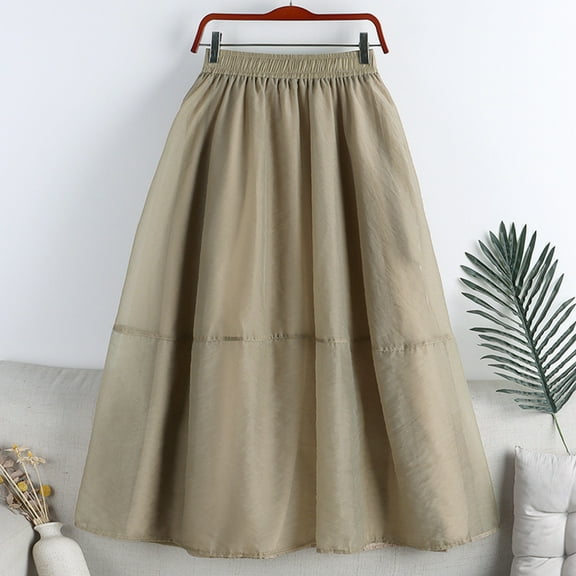 LEBONYARD Sheer Skirt with Pockets,Woman Temperament High Waist Solid Color Joining Pocket-Line Skirt Khaki Free Size