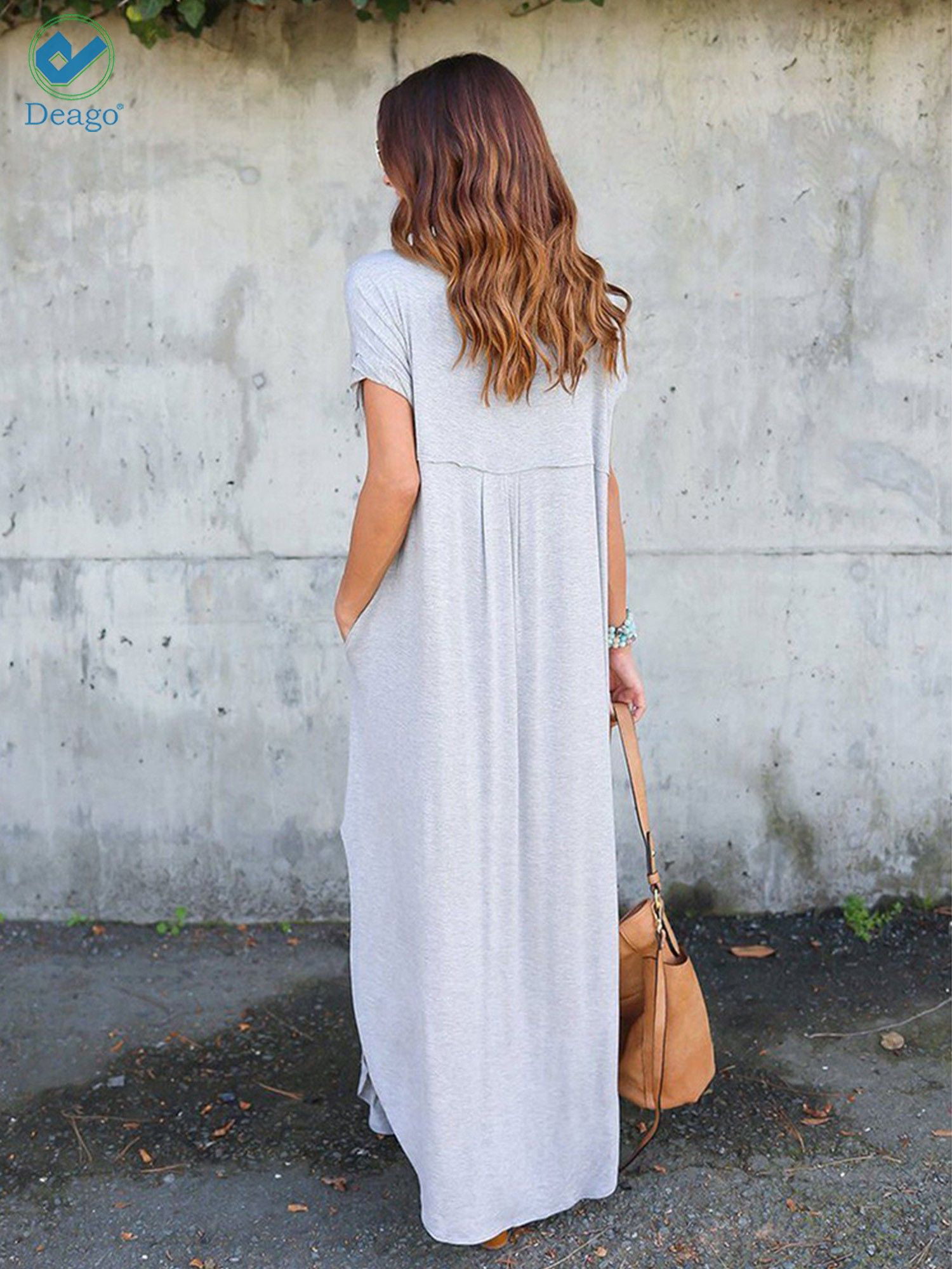 Deago Women's Casual Loose Pocket Long Dress Short Sleeve Split Summer Fall Maxi  Dresses (Gray,XL) - Walmart.com
