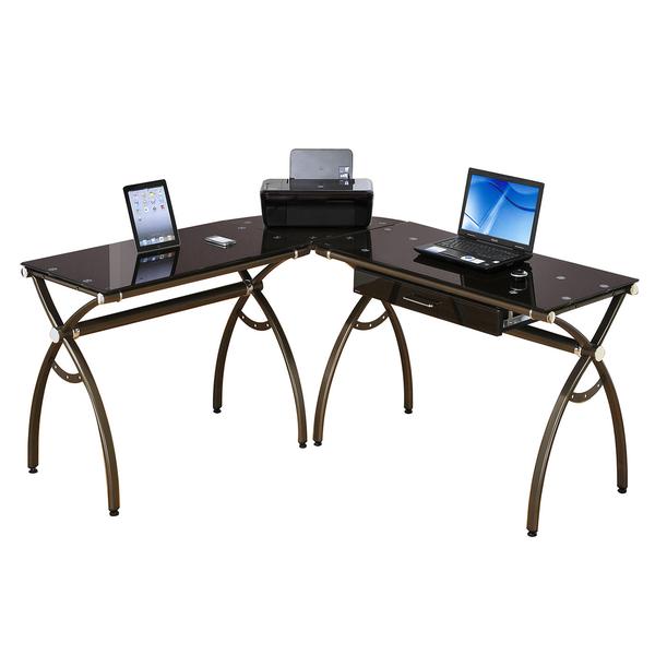 Techni Mobili LShaped Tempered Glass Top Corner Desk with Drawer RTA