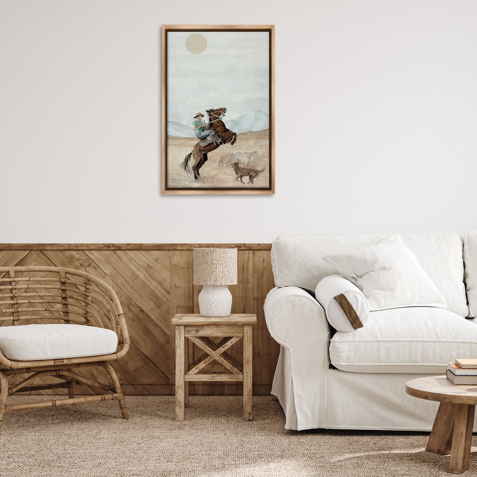 Stupell Industries Rearing Horse & Dog People Painting Brown Floater Framed Canvas Art Print Wall Art, 21 x 31