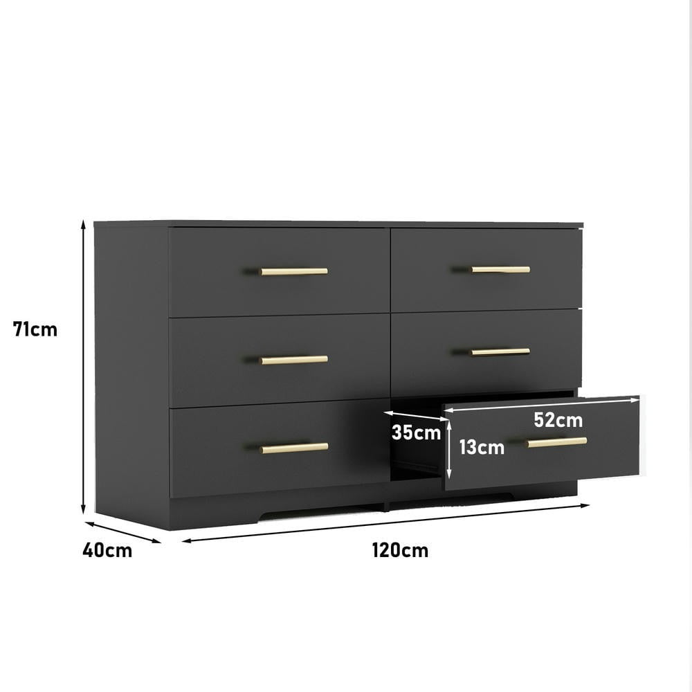 Kadyn 6 Drawer Dresser, Modern Black Dresser with 6 Drawers and Gold Handle, Storage Chest of Drawers for Bedroom, Living Room, Hallway, Entryway