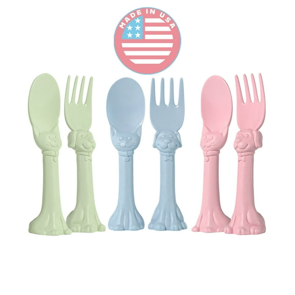 Spoon la la Made in USA Toddler Utensil Set - 6 Pack (3 Spoons & 3 Forks for Kids) - Self-Standing 3D Ergonomic Cat & Dog Handles - BPA-free, Dishwasher Safe (Pink, Blue, Green)