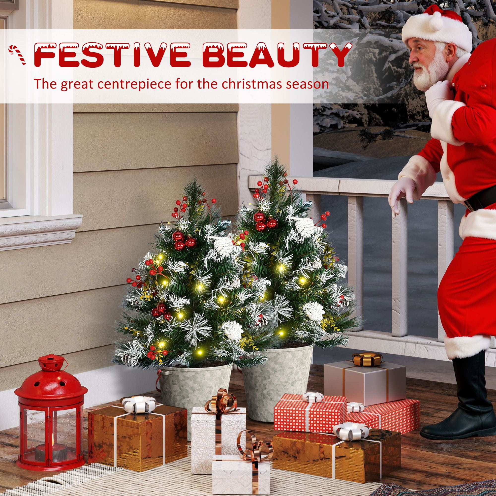 Pre-Lit Artificial Christmas Tree Set, 2 ft Cordless LED Trees with 70 Branches, Red Berries, Pine Cones, Balls, Battery Operated, 2-Pack