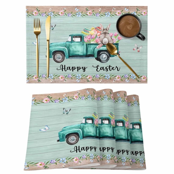 Easter Placemats Set of 6, Green Truck Rabbit Duck Butterfly Floral Wooden Placemats for Dining Table, Place Mats for Kitchen Tabletop, Waterproof Wipeable Dining Table Mats Set