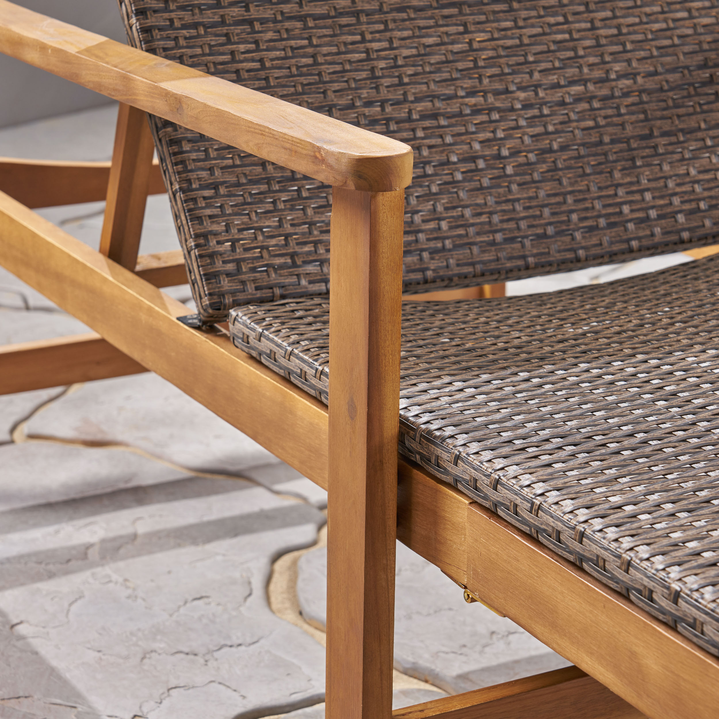 Camdyn Outdoor Rustic Acacia Wood Chaise Lounge with Wicker Seating, Natural and Gray